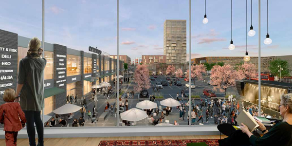 Skiss av det framtida Orminge centrum med den höga signaturbyggnaden i bakgrunden.