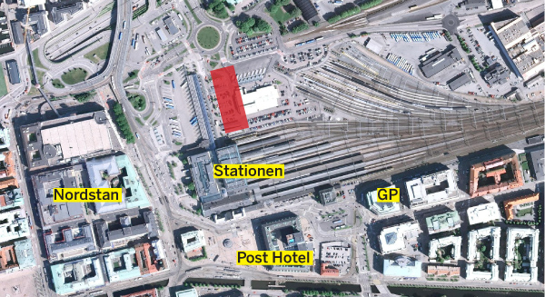 Ungefär här planerar Jernhusen för det första kontorshuset. Det handlar om en byggnad längs med den östra sidan av Nils Ericssonterminalen. Karta: Fastighetsvärlden.